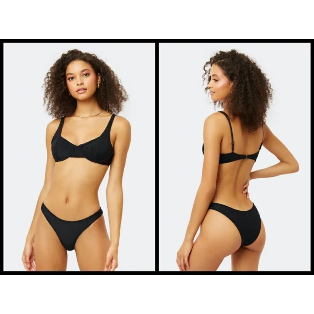 💕FRANKIE'S BIKINIS💕 Anna Ribbed Underwire Bikini Top ~ Black Large L NWT